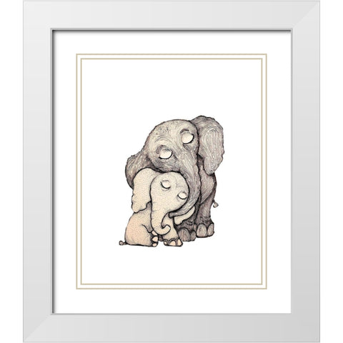 Whimsical Wooden Elephants White Modern Wood Framed Art Print with Double Matting by Diannart