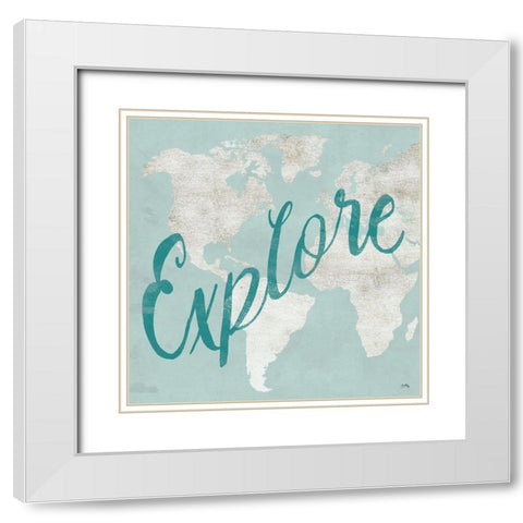 Teal Discover Map I White Modern Wood Framed Art Print with Double Matting by Medley, Elizabeth