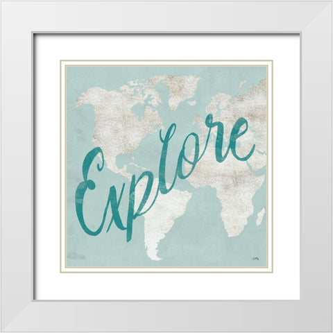 Teal Discover Map I White Modern Wood Framed Art Print with Double Matting by Medley, Elizabeth