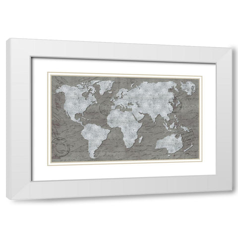 World Map On Script White Modern Wood Framed Art Print with Double Matting by Medley, Elizabeth