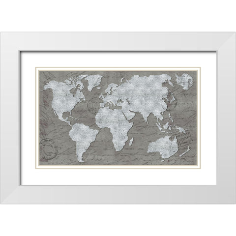 World Map On Script White Modern Wood Framed Art Print with Double Matting by Medley, Elizabeth