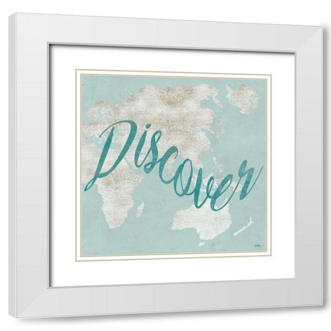 Teal Discover Map II White Modern Wood Framed Art Print with Double Matting by Medley, Elizabeth