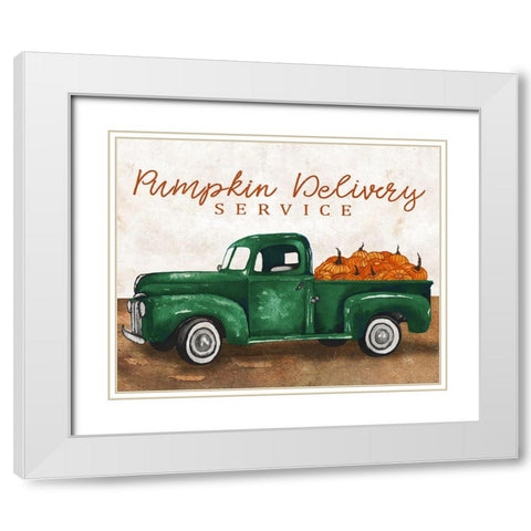 Pumpkin Delivery Service White Modern Wood Framed Art Print with Double Matting by Medley, Elizabeth