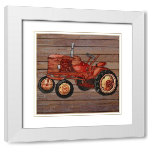 Tractor on Wood II White Modern Wood Framed Art Print with Double Matting by Medley, Elizabeth