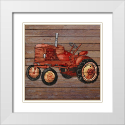 Tractor on Wood II White Modern Wood Framed Art Print with Double Matting by Medley, Elizabeth