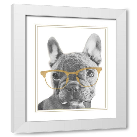 Frenchie Gold Glasses White Modern Wood Framed Art Print with Double Matting by SD Graphics Studio