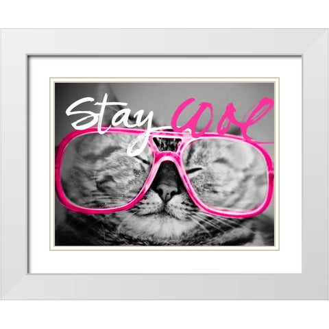 Stay Cool Cat White Modern Wood Framed Art Print with Double Matting by SD Graphics Studio