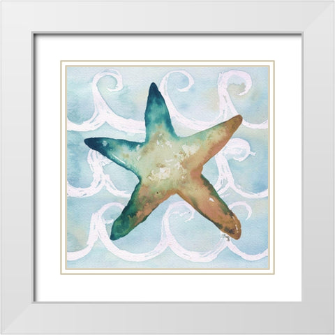 Sea Creatures on Waves I White Modern Wood Framed Art Print with Double Matting by Medley, Elizabeth