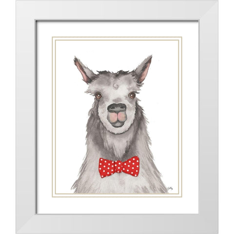 Llama with Red Dot Bow tie White Modern Wood Framed Art Print with Double Matting by Medley, Elizabeth