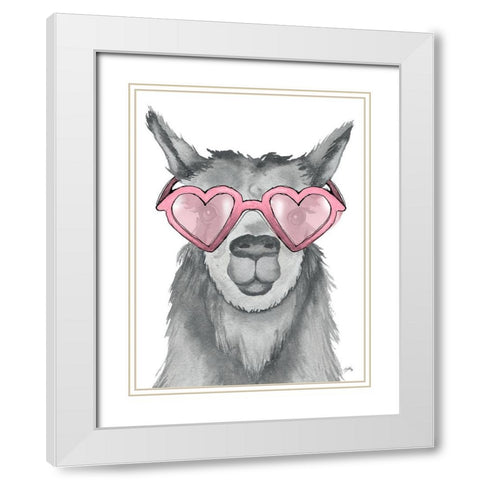 Llama With Pink Shades White Modern Wood Framed Art Print with Double Matting by Medley, Elizabeth