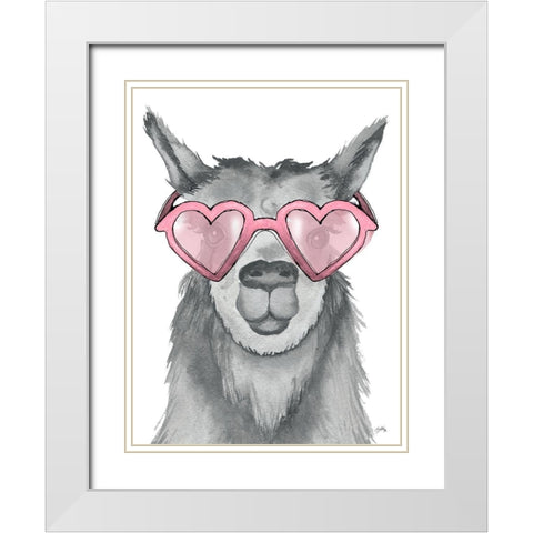 Llama With Pink Shades White Modern Wood Framed Art Print with Double Matting by Medley, Elizabeth