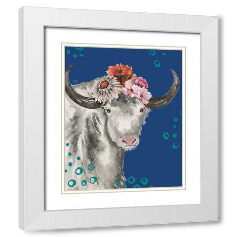 Floral Yak on Blue White Modern Wood Framed Art Print with Double Matting by Medley, Elizabeth