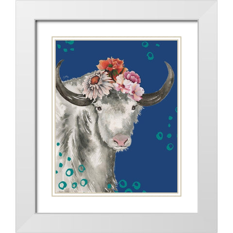 Floral Yak on Blue White Modern Wood Framed Art Print with Double Matting by Medley, Elizabeth