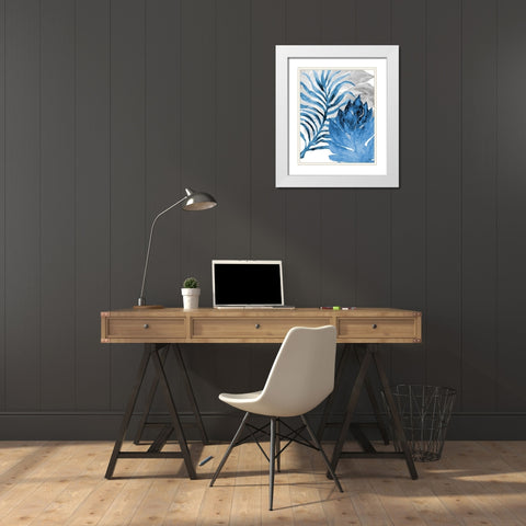 Blue Fern and Leaf I White Modern Wood Framed Art Print with Double Matting by Medley, Elizabeth