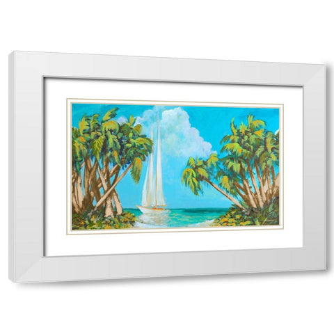 Sailboat among Palms White Modern Wood Framed Art Print with Double Matting by Meneely, Dan