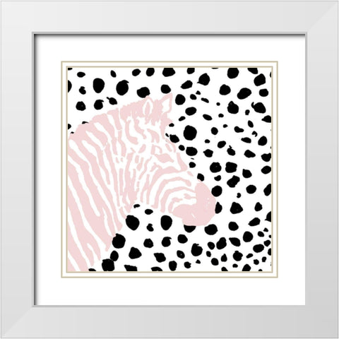Pink Zebra On Dots White Modern Wood Framed Art Print with Double Matting by Pinto, Patricia