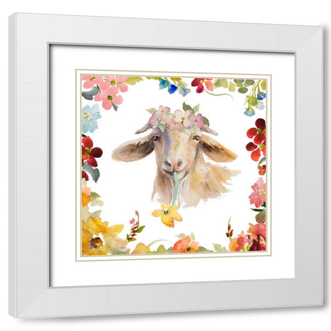 Goat with Floral Border White Modern Wood Framed Art Print with Double Matting by Loreth, Lanie