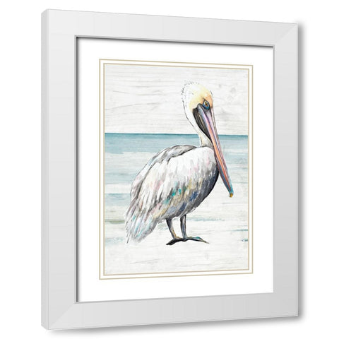 Pelican On The Shore II White Modern Wood Framed Art Print with Double Matting by Pinto, Patricia