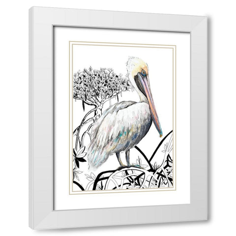 Pelican on Branch II White Modern Wood Framed Art Print with Double Matting by Pinto, Patricia