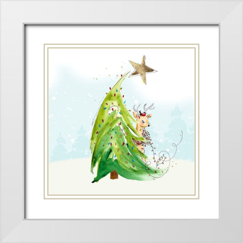 Whimsical Tree and Reindeer White Modern Wood Framed Art Print with Double Matting by Pinto, Patricia
