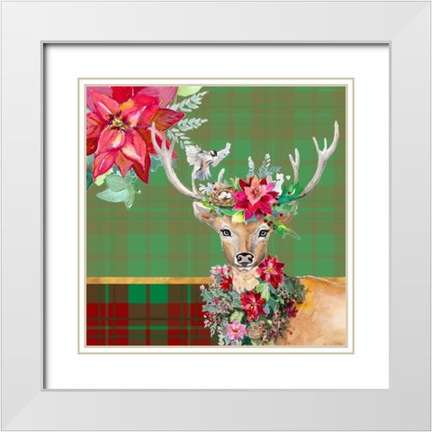 Holiday Reindeer on Plaid II White Modern Wood Framed Art Print with Double Matting by Pinto, Patricia
