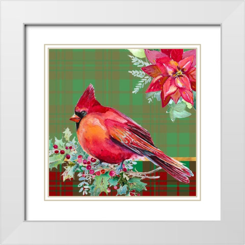 Holiday Poinsettia and Cardinal on Plaid I White Modern Wood Framed Art Print with Double Matting by Pinto, Patricia