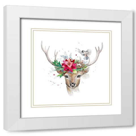 Woodland Deer with Bird White Modern Wood Framed Art Print with Double Matting by Pinto, Patricia