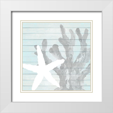 Starfish on Blue Wood Background White Modern Wood Framed Art Print with Double Matting by DeRice, Julie
