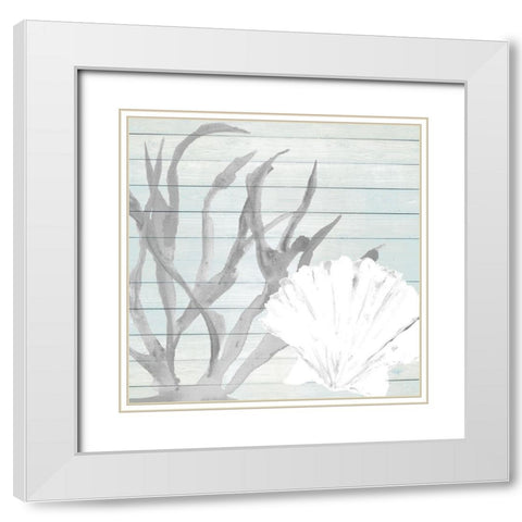 Seashell on Blue Wood Background White Modern Wood Framed Art Print with Double Matting by DeRice, Julie