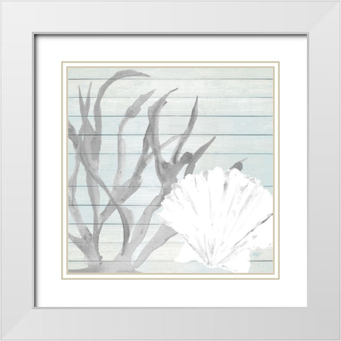 Seashell on Blue Wood Background White Modern Wood Framed Art Print with Double Matting by DeRice, Julie