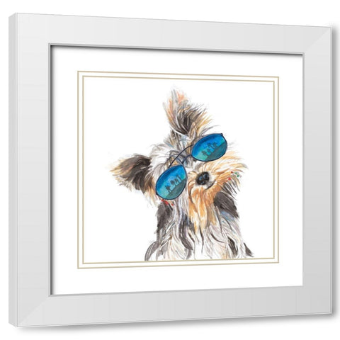 Yorkie with Shades White Modern Wood Framed Art Print with Double Matting by Pinto, Patricia