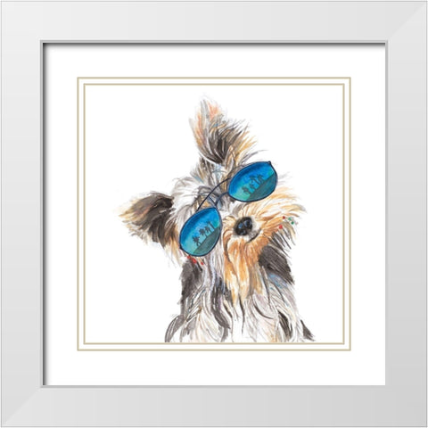 Yorkie with Shades White Modern Wood Framed Art Print with Double Matting by Pinto, Patricia