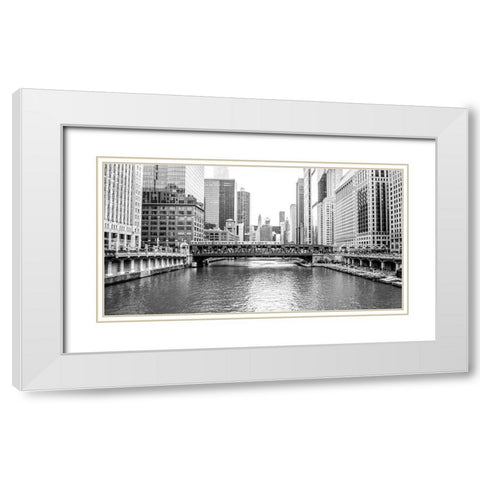 BW Chicago River View White Modern Wood Framed Art Print with Double Matting by Bill Carson Photography