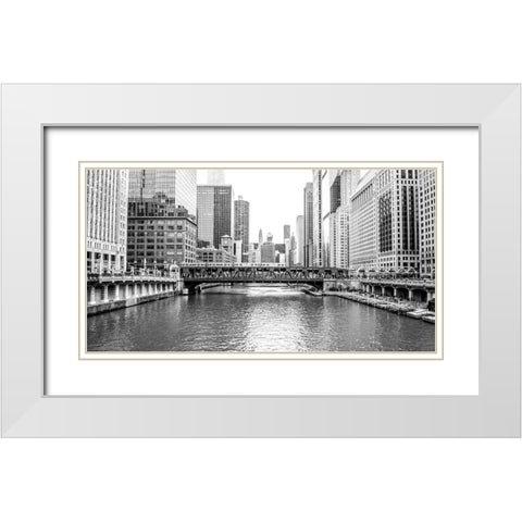 BW Chicago River View White Modern Wood Framed Art Print with Double Matting by Bill Carson Photography