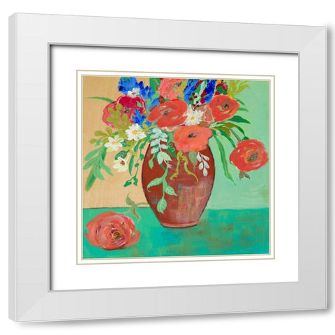 Vase of Peach and Blue Roses White Modern Wood Framed Art Print with Double Matting by Maria, Robin