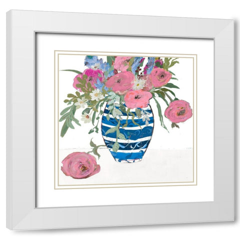 Blue Vase of Pink Roses White Modern Wood Framed Art Print with Double Matting by Maria, Robin