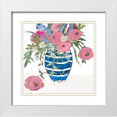 Blue Vase of Pink Roses White Modern Wood Framed Art Print with Double Matting by Maria, Robin