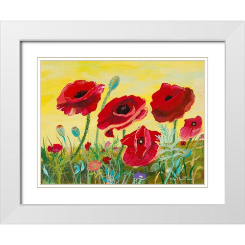 Victory Red Poppies II White Modern Wood Framed Art Print with Double Matting by Maria, Robin