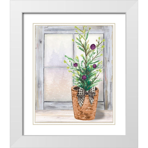 Christmas Fir on Window White Modern Wood Framed Art Print with Double Matting by Pinto, Patricia