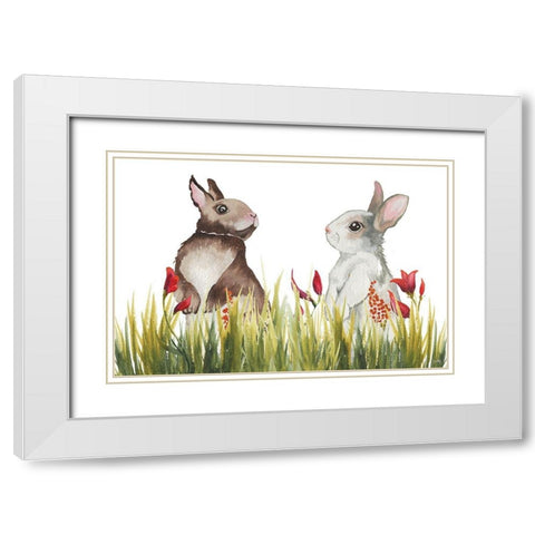 Bunnies Among the Flowers I White Modern Wood Framed Art Print with Double Matting by Medley, Elizabeth