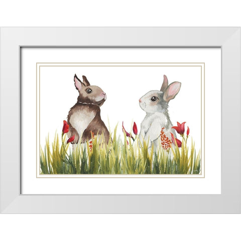 Bunnies Among the Flowers I White Modern Wood Framed Art Print with Double Matting by Medley, Elizabeth