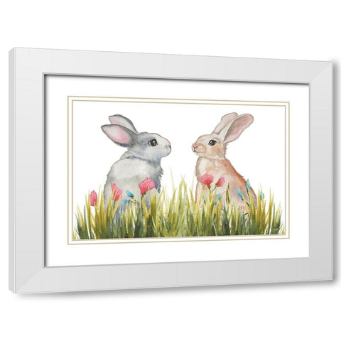 Bunnies Among the Flowers II White Modern Wood Framed Art Print with Double Matting by Medley, Elizabeth