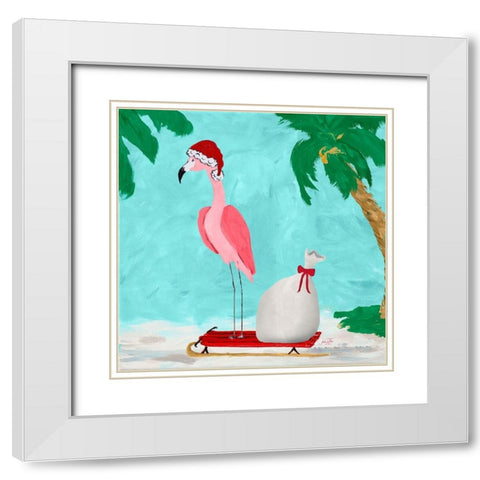 Fa La La La Flamingo Holiday II White Modern Wood Framed Art Print with Double Matting by DeRice, Julie