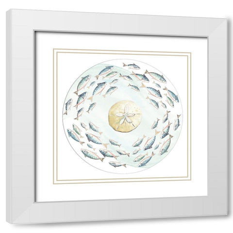 Circle of Fishes with Sand Dollar White Modern Wood Framed Art Print with Double Matting by Pinto, Patricia