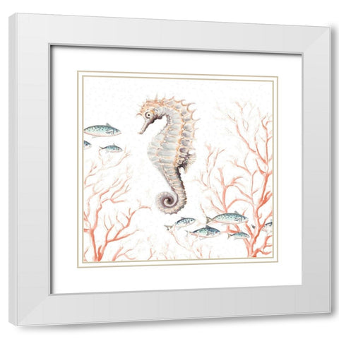 Seahorse On Coral White Modern Wood Framed Art Print with Double Matting by Pinto, Patricia
