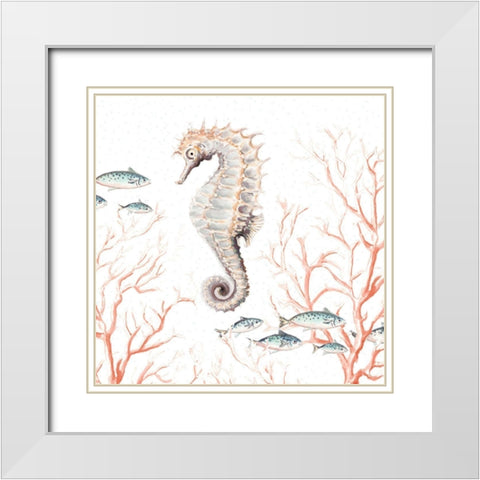 Seahorse On Coral White Modern Wood Framed Art Print with Double Matting by Pinto, Patricia