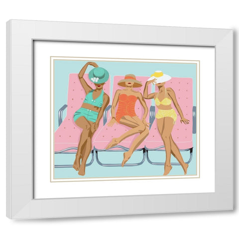 Lounging Ladies On Pink Chairs White Modern Wood Framed Art Print with Double Matting by Bucheli, Jen