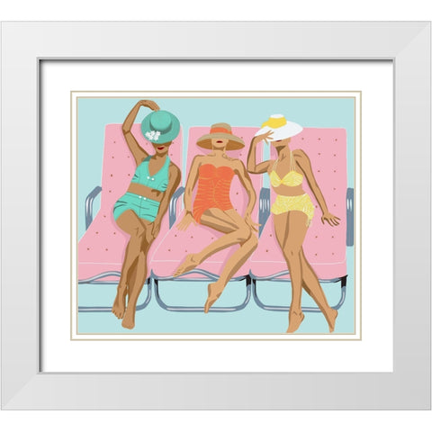 Lounging Ladies On Pink Chairs White Modern Wood Framed Art Print with Double Matting by Bucheli, Jen