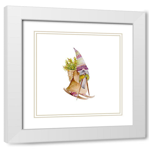 Skiing Gnome White Modern Wood Framed Art Print with Double Matting by Gaynor, Janice