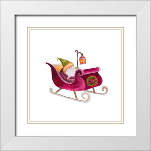 Gnome on a Sleigh White Modern Wood Framed Art Print with Double Matting by Gaynor, Janice
